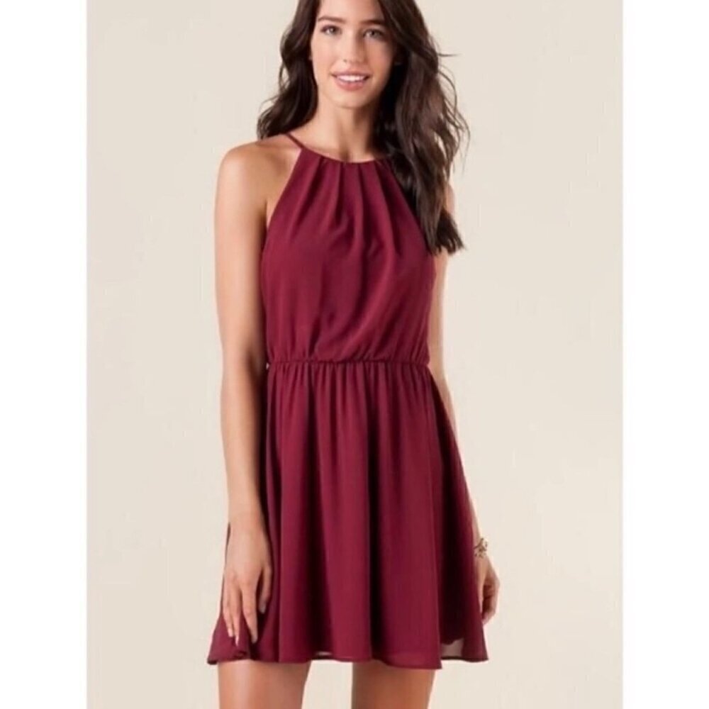 Lush Burgundy Chiffon Sleeveless Pleated Blouson Mini Skater Dress - S